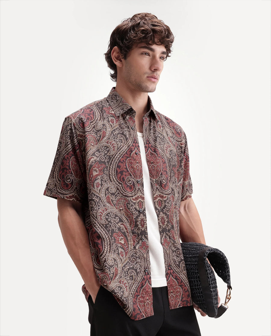 Rare Rabbit Men's Myke Dark Black Viscose Spread Collar Button Regular Paisley Print Shirt