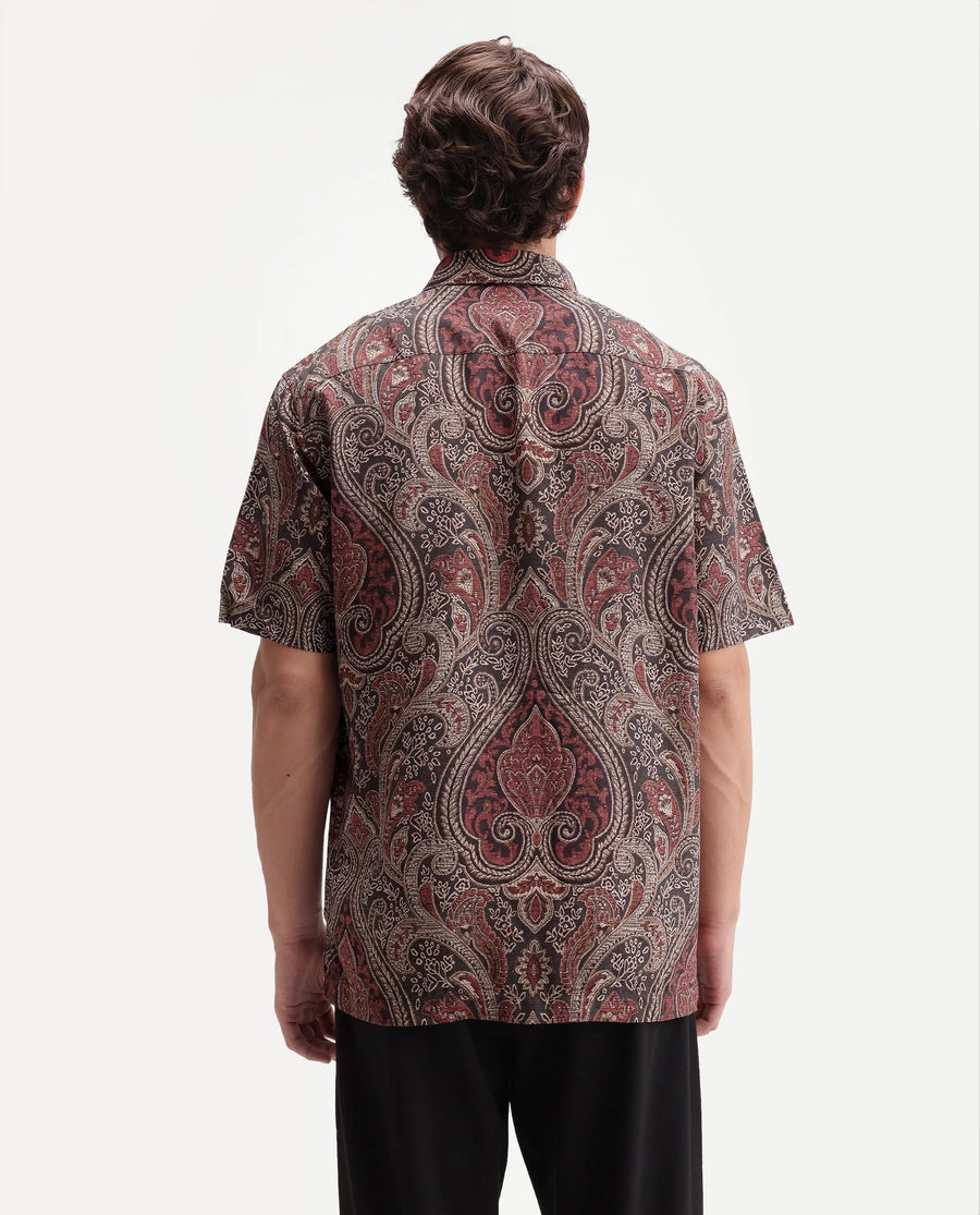 Rare Rabbit Men's Myke Dark Black Viscose Spread Collar Button Regular Paisley Print Shirt