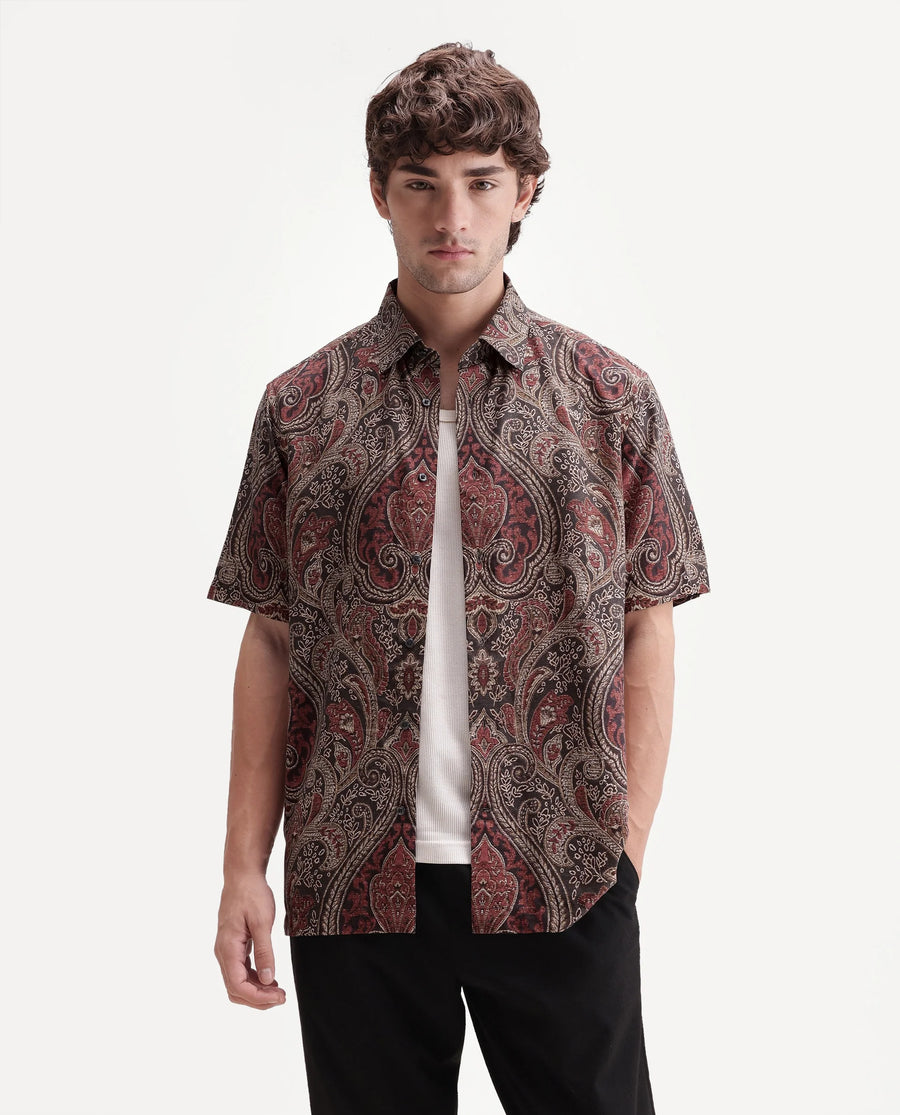 Rare Rabbit Men's Myke Dark Black Viscose Spread Collar Button Regular Paisley Print Shirt