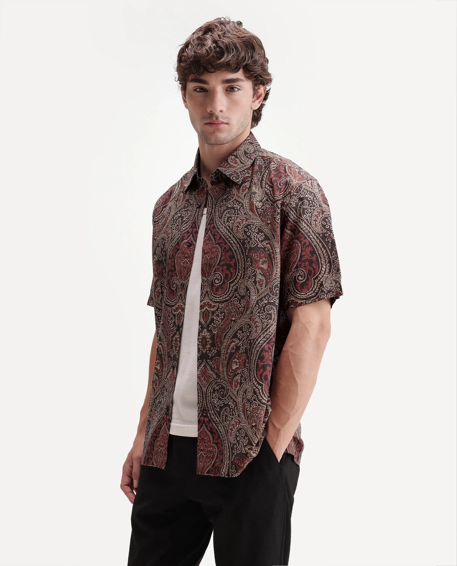 Rare Rabbit Men's Myke Dark Black Viscose Spread Collar Button Regular Paisley Print Shirt