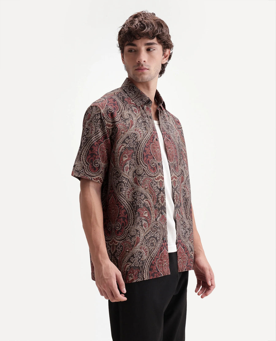 Rare Rabbit Men's Myke Dark Black Viscose Spread Collar Button Regular Paisley Print Shirt