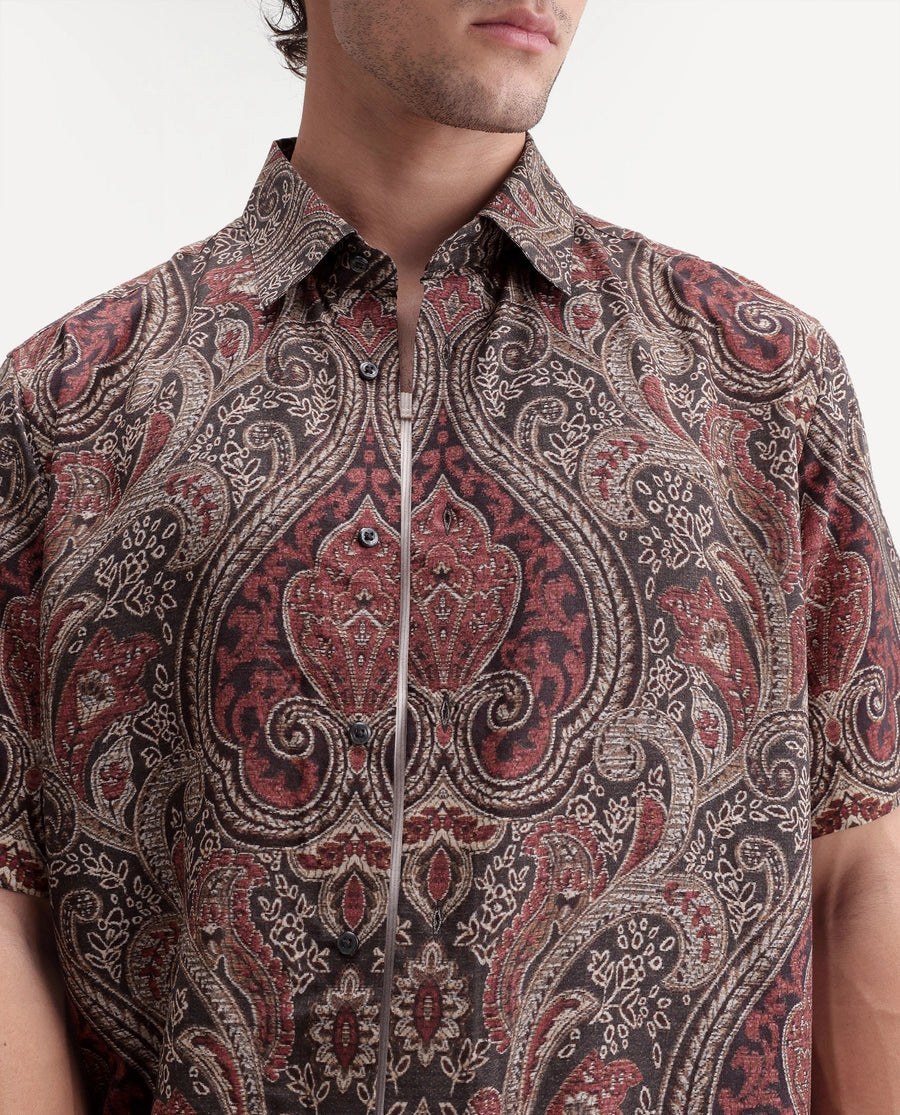 Rare Rabbit Men's Myke Dark Black Viscose Spread Collar Button Regular Paisley Print Shirt