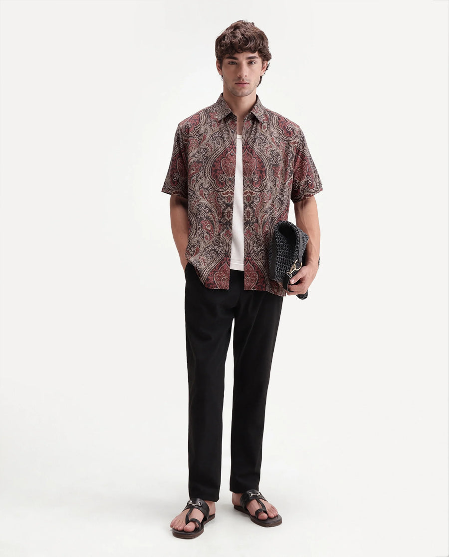 Rare Rabbit Men's Myke Dark Black Viscose Spread Collar Button Regular Paisley Print Shirt