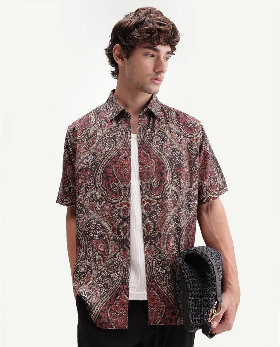 Rare Rabbit Men's Myke Dark Black Viscose Spread Collar Button Regular Paisley Print Shirt