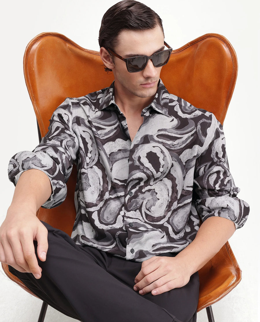 Rare Rabbit Men's Luth 26 Dark Grey Viscose Spread Collar Button Regular Paisley Print Shirt