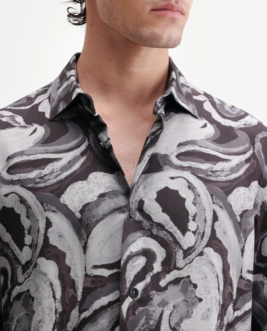 Rare Rabbit Men's Luth 26 Dark Grey Viscose Spread Collar Button Regular Paisley Print Shirt