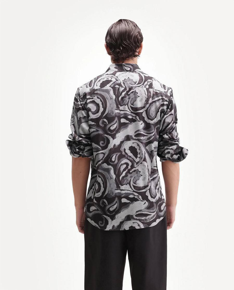 Rare Rabbit Men's Luth 26 Dark Grey Viscose Spread Collar Button Regular Paisley Print Shirt