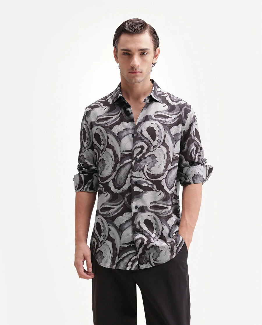 Rare Rabbit Men's Luth 26 Dark Grey Viscose Spread Collar Button Regular Paisley Print Shirt