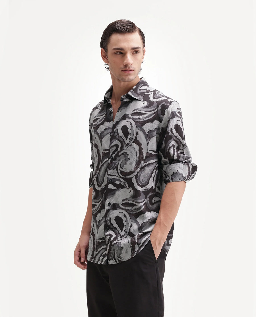 Rare Rabbit Men's Luth 26 Dark Grey Viscose Spread Collar Button Regular Paisley Print Shirt