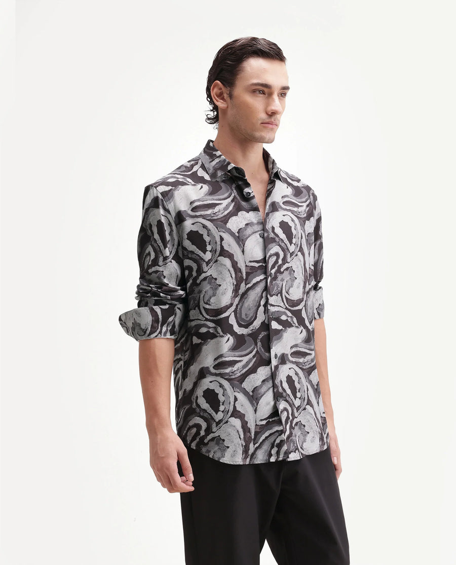 Rare Rabbit Men's Luth 26 Dark Grey Viscose Spread Collar Button Regular Paisley Print Shirt