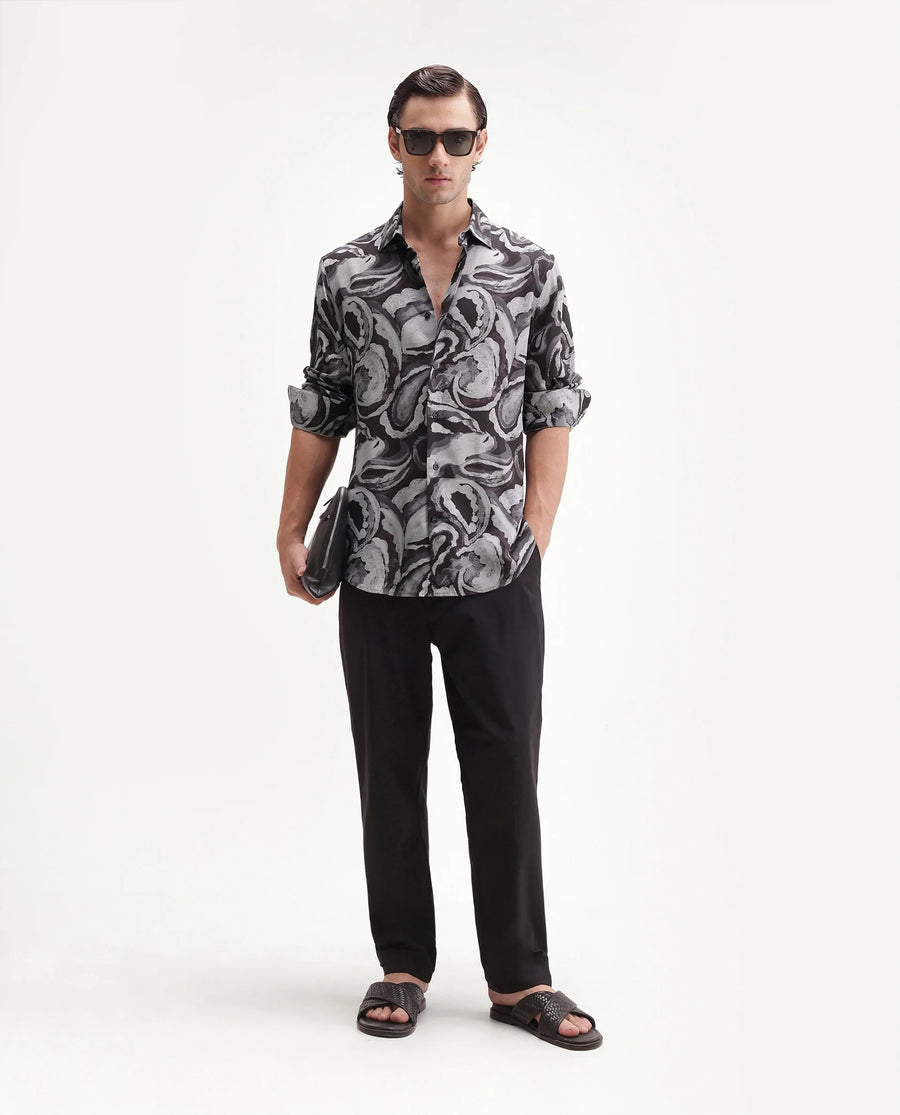 Rare Rabbit Men's Luth 26 Dark Grey Viscose Spread Collar Button Regular Paisley Print Shirt