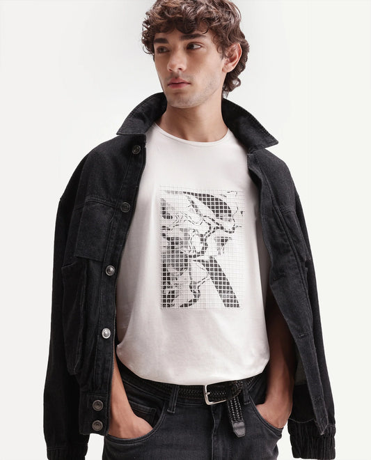 Rare Rabbit Men's Colt Primary Off White Cotton Blend Crew Neck Regular Graphic Print T-Shirt