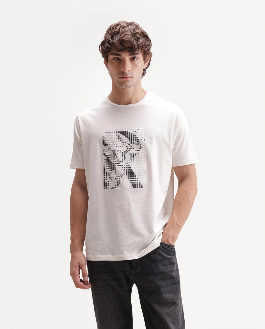 Rare Rabbit Men's Colt Primary Off White Cotton Blend Crew Neck Regular Graphic Print T-Shirt