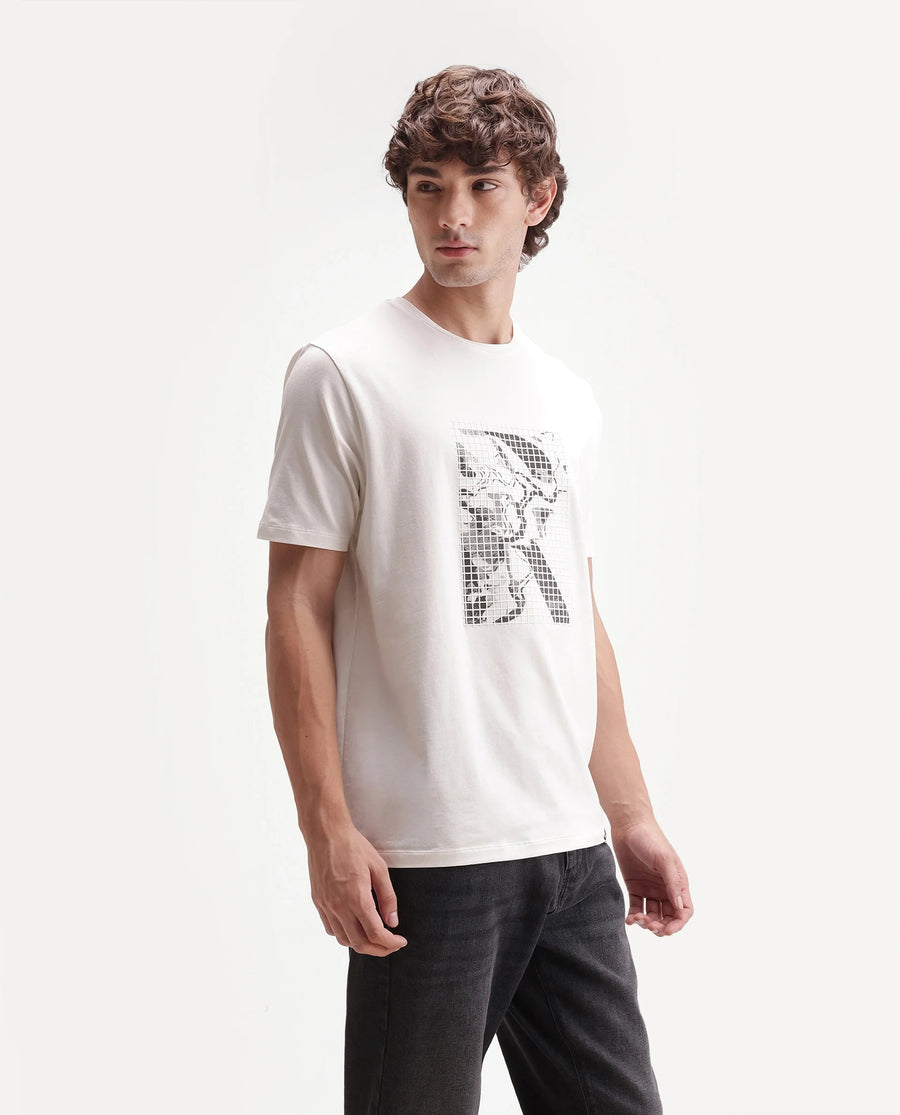Rare Rabbit Men's Colt Primary Off White Cotton Blend Crew Neck Regular Graphic Print T-Shirt