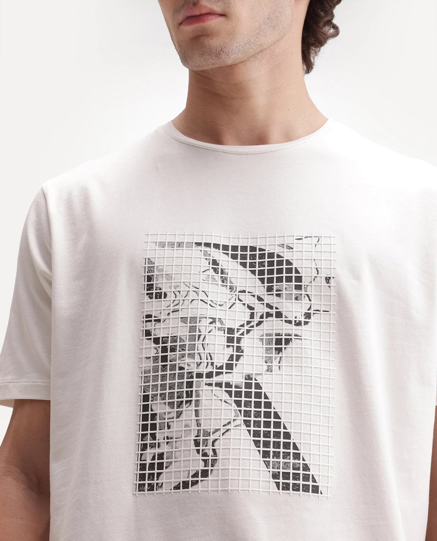 Rare Rabbit Men's Colt Primary Off White Cotton Blend Crew Neck Regular Graphic Print T-Shirt