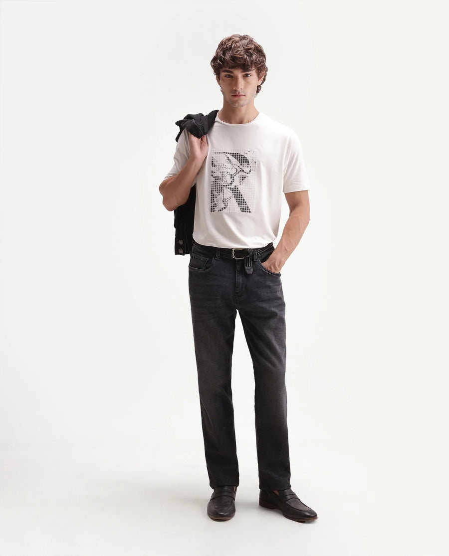 Rare Rabbit Men's Colt Primary Off White Cotton Blend Crew Neck Regular Graphic Print T-Shirt
