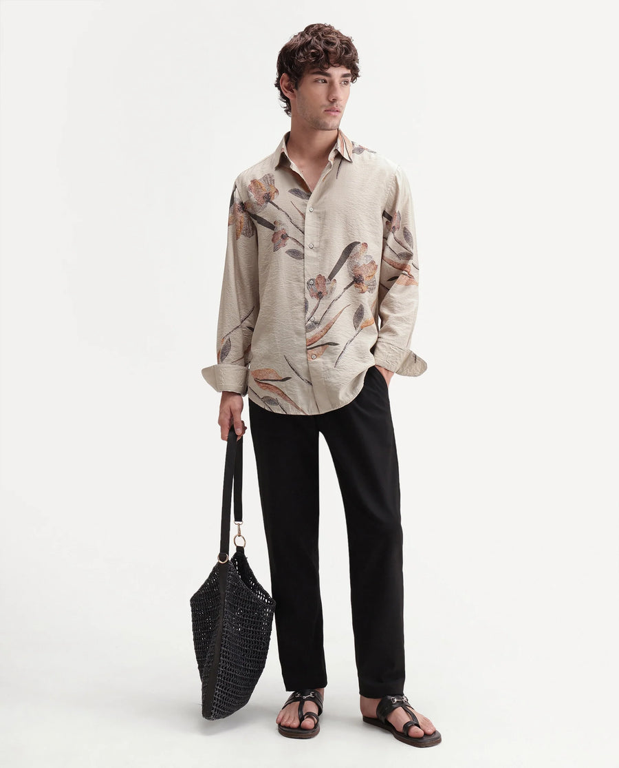 Rare Rabbit Men's Bomo Dusky Beige Viscose Blend Spread Collar Regular Floral Print Shirt