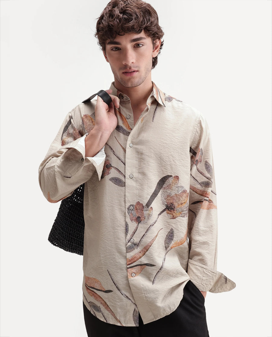 Rare Rabbit Men's Bomo Dusky Beige Viscose Blend Spread Collar Regular Floral Print Shirt