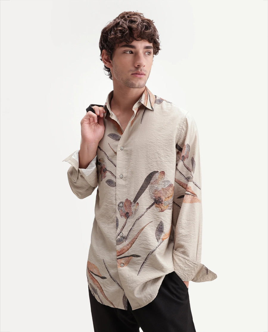 Rare Rabbit Men's Bomo Dusky Beige Viscose Blend Spread Collar Regular Floral Print Shirt