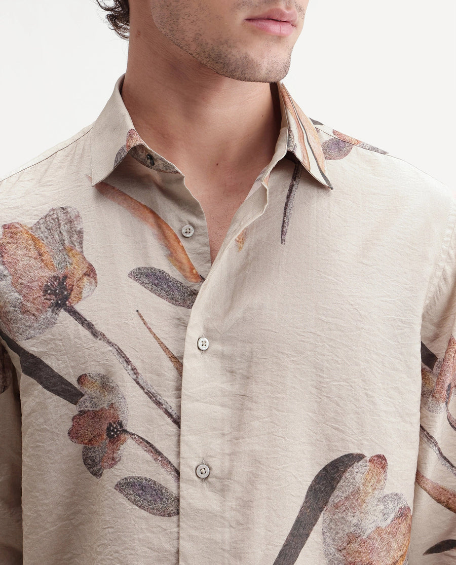 Rare Rabbit Men's Bomo Dusky Beige Viscose Blend Spread Collar Regular Floral Print Shirt
