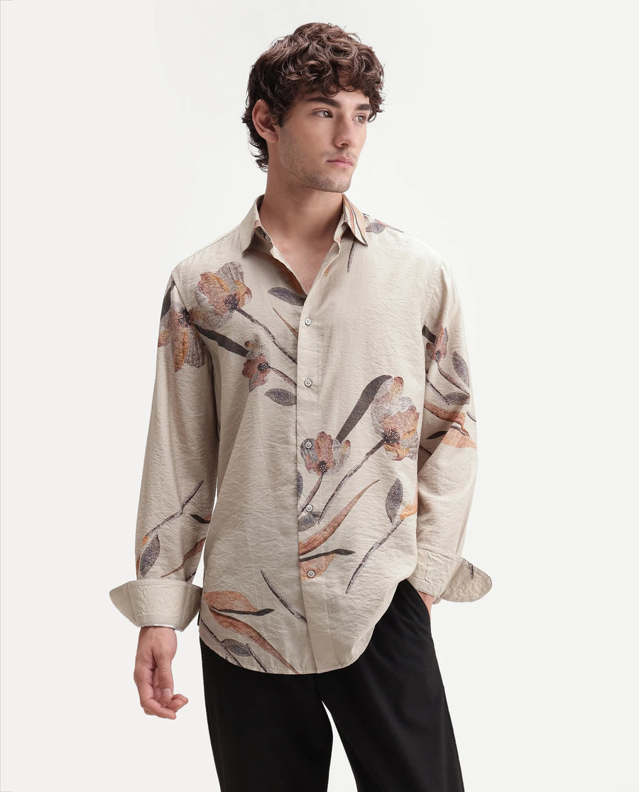 Rare Rabbit Men's Bomo Dusky Beige Viscose Blend Spread Collar Regular Floral Print Shirt