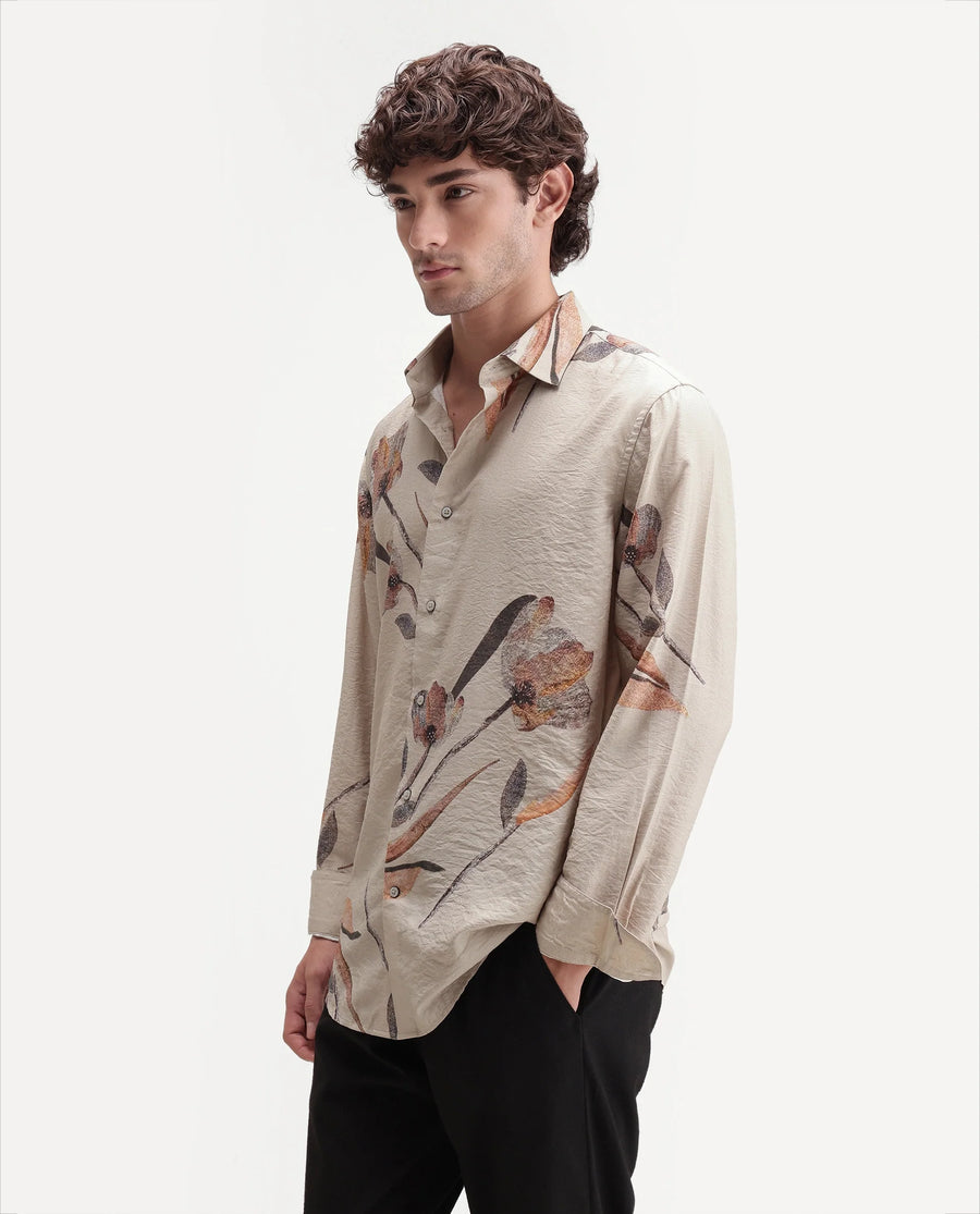 Rare Rabbit Men's Bomo Dusky Beige Viscose Blend Spread Collar Regular Floral Print Shirt