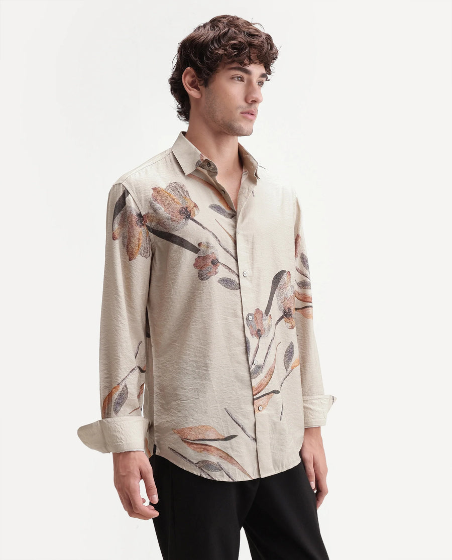 Rare Rabbit Men's Bomo Dusky Beige Viscose Blend Spread Collar Regular Floral Print Shirt
