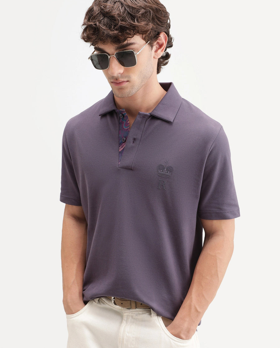 Rare Rabbit Men's Zeni-A26 Dusky Purple Cotton Blend Spread Collar Regular Plain Polo
