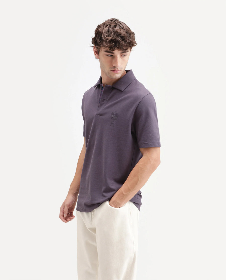 Rare Rabbit Men's Zeni-A26 Dusky Purple Cotton Blend Spread Collar Regular Plain Polo