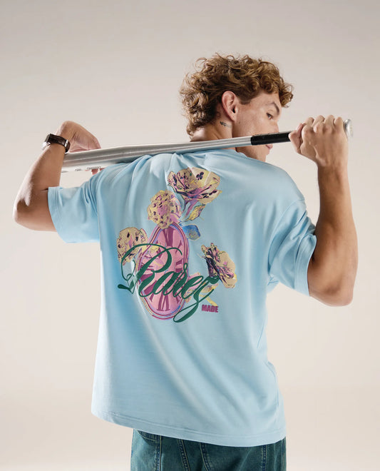Rare Rabbit Men's Fluen Light Blue Cotton Graphic Print Oversized Fit Half Sleeve Crew Neck T-Shirt