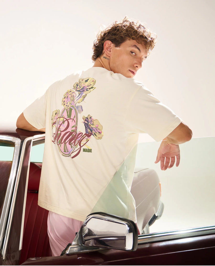 Rare Rabbit Men's Fluen Off White Cotton Graphic Print Oversized Fit Half Sleeve Crew Neck T-Shirt