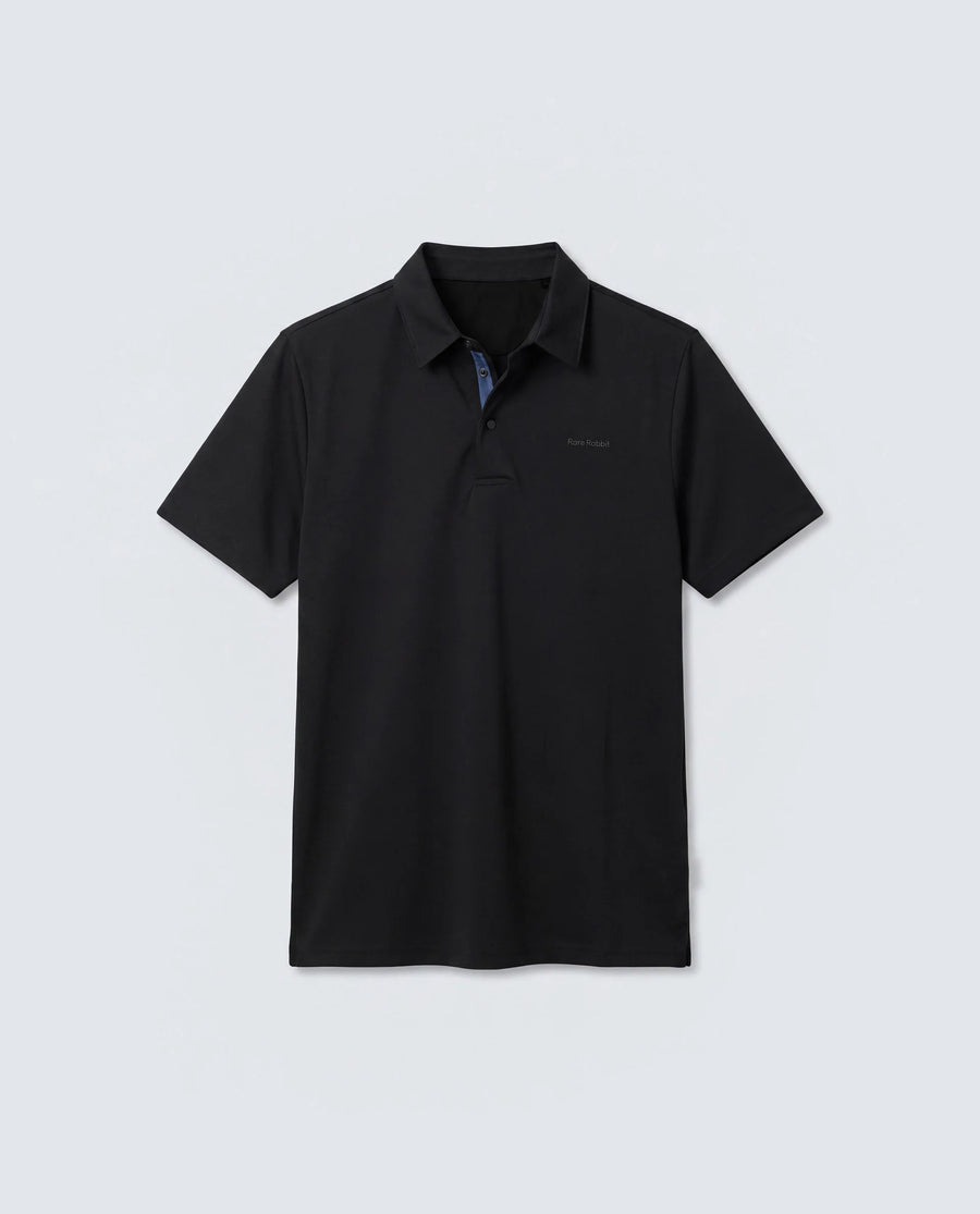 Rare Rabbit Men's Basic Rr-Corp-Mero Black Cotton Blend Spread Collar Regular Plain Polo