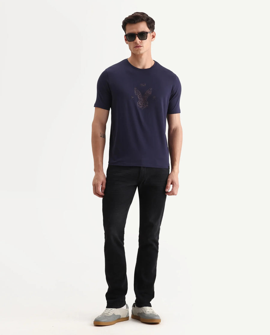 Rare Rabbit Men's Rudi Dark Navy Cotton Blend Graphic Print Regular Fit Half Sleeve Crew Neck T-Shirt