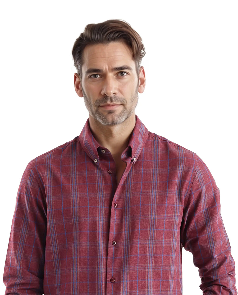 Rare Rabbit Men's Rudo Dark Red Cotton Checked Print Regular Fit Full Sleeve Collared Shirt