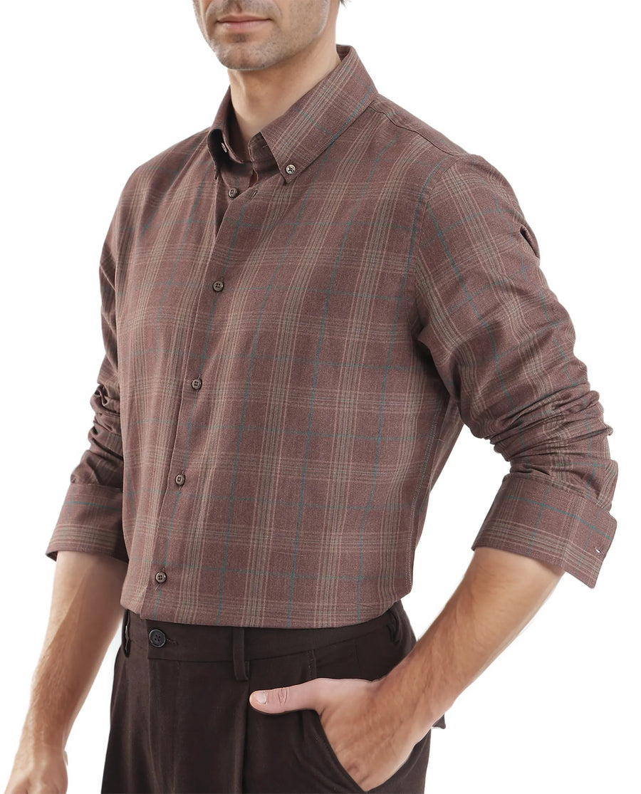 Rare Rabbit Men's Rudo Brown Cotton Checked Print Regular Fit Full Sleeve Collared Shirt