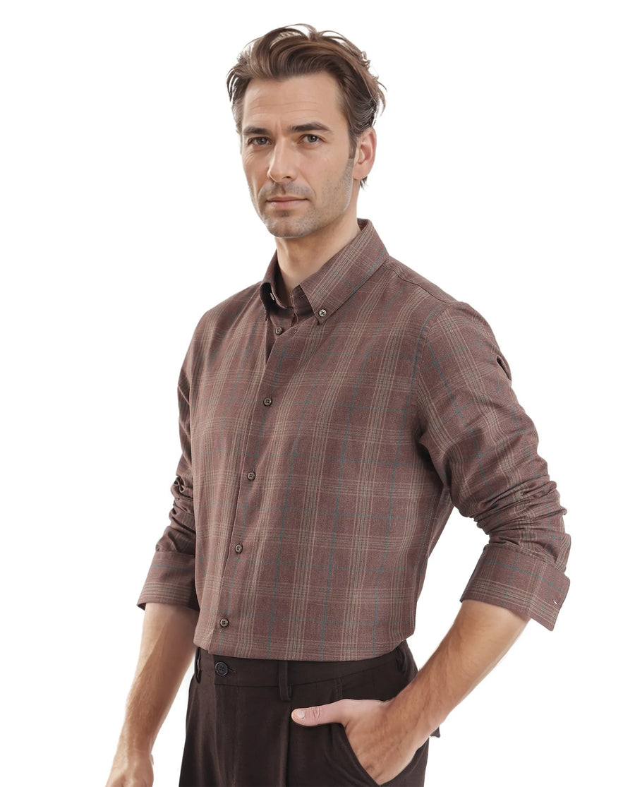 Rare Rabbit Men's Rudo Brown Cotton Checked Print Regular Fit Full Sleeve Collared Shirt