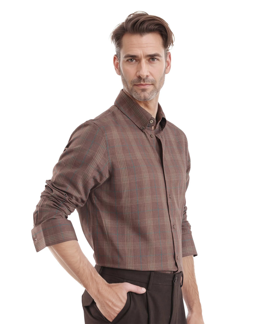 Rare Rabbit Men's Rudo Brown Cotton Checked Print Regular Fit Full Sleeve Collared Shirt