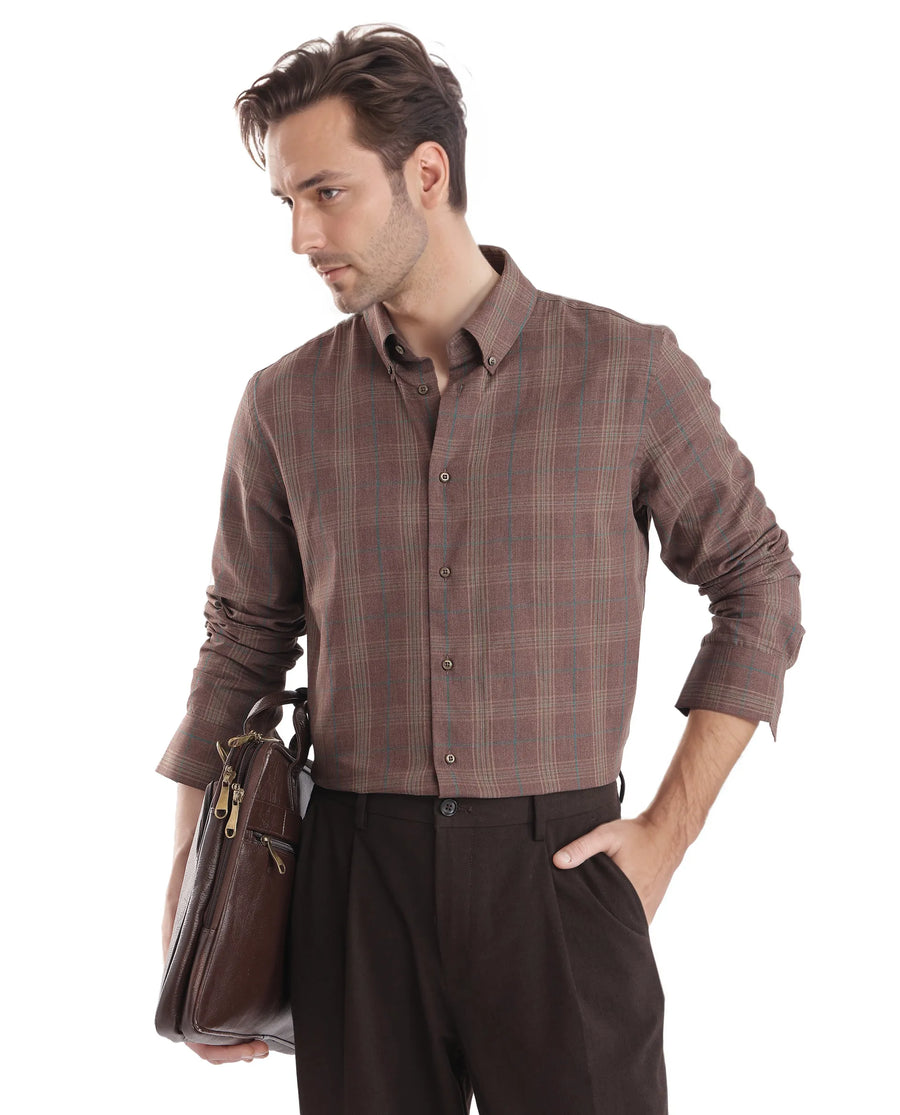 Rare Rabbit Men's Rudo Brown Cotton Checked Print Regular Fit Full Sleeve Collared Shirt
