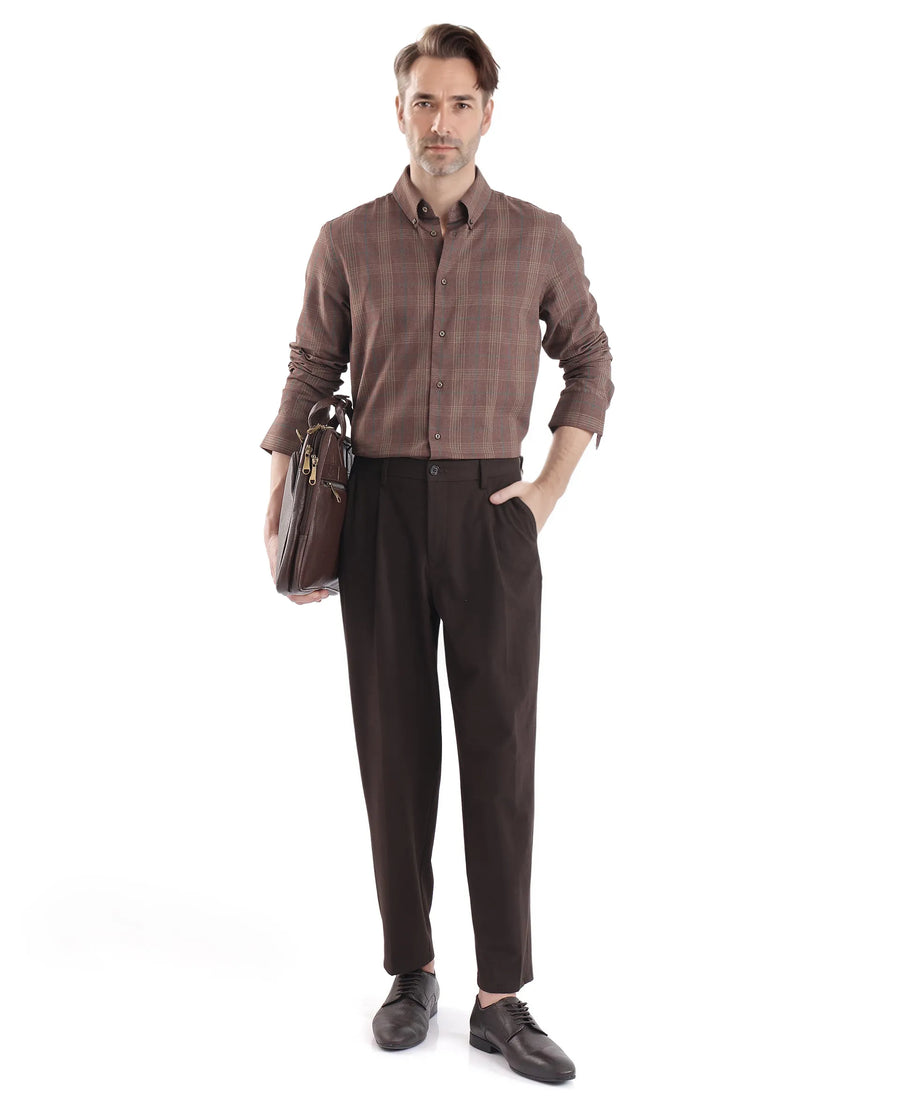 Rare Rabbit Men's Rudo Brown Cotton Checked Print Regular Fit Full Sleeve Collared Shirt