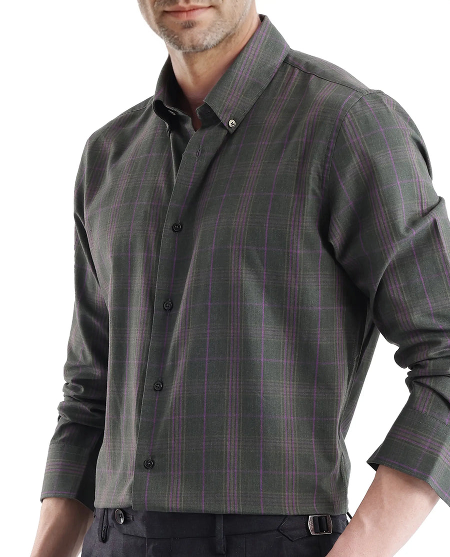 Rare Rabbit Men's Rudo Dark Green Cotton Checked Print Regular Fit Full Sleeve Collared Shirt