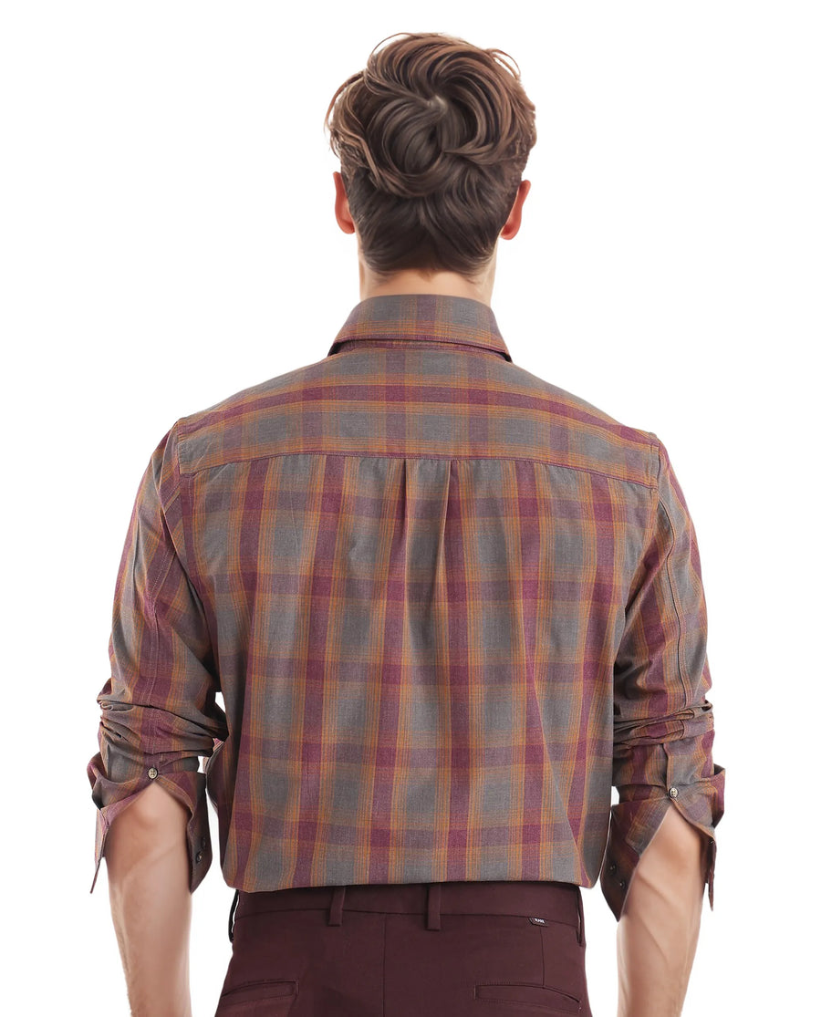 Rare Rabbit Men's Rudo Dark Grey Cotton Checked Print Regular Fit Full Sleeve Collared Shirt