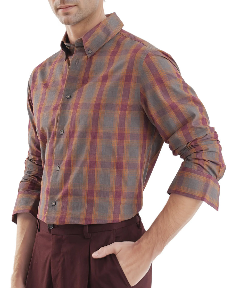 Rare Rabbit Men's Rudo Dark Grey Cotton Checked Print Regular Fit Full Sleeve Collared Shirt
