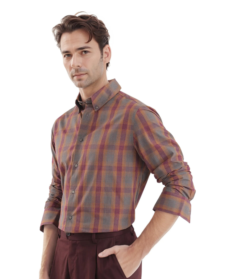 Rare Rabbit Men's Rudo Dark Grey Cotton Checked Print Regular Fit Full Sleeve Collared Shirt