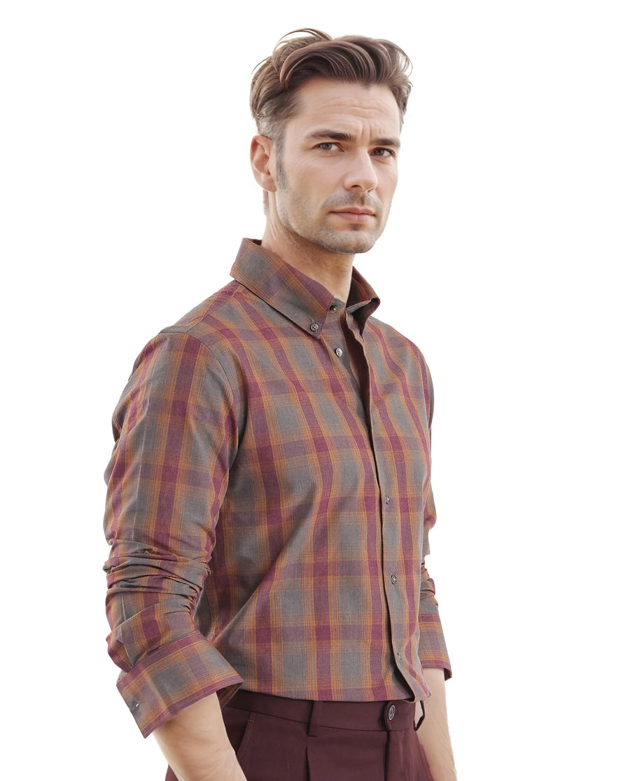 Rare Rabbit Men's Rudo Dark Grey Cotton Checked Print Regular Fit Full Sleeve Collared Shirt