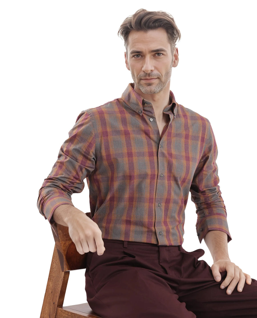 Rare Rabbit Men's Rudo Dark Grey Cotton Checked Print Regular Fit Full Sleeve Collared Shirt