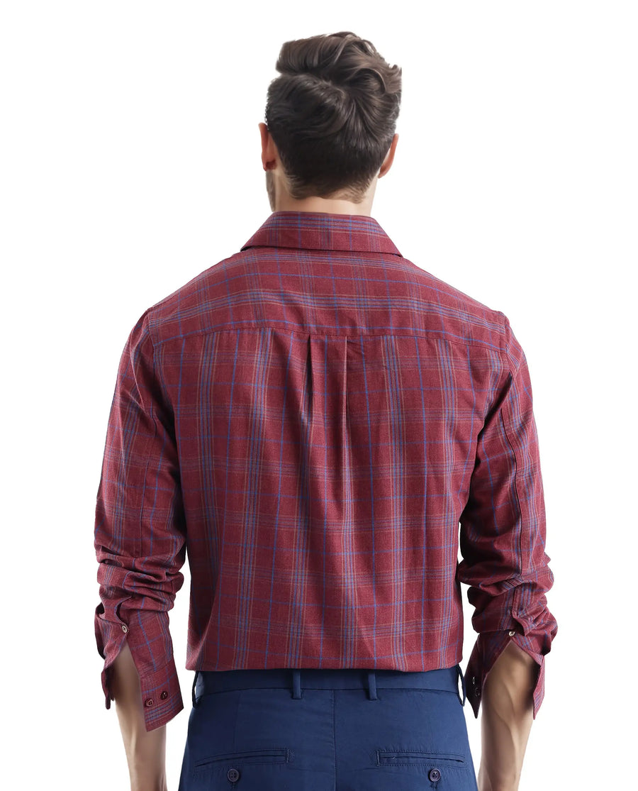 Rare Rabbit Men's Rudo Dark Red Cotton Checked Print Regular Fit Full Sleeve Collared Shirt