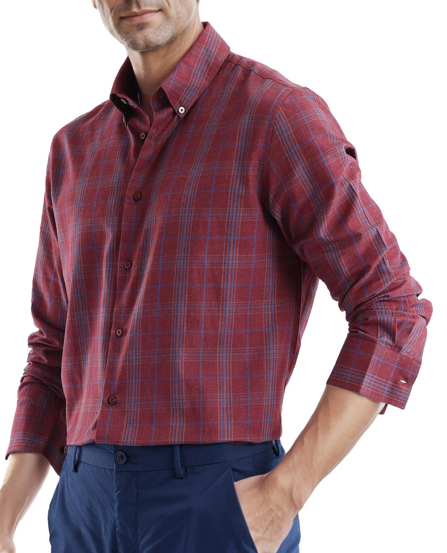 Rare Rabbit Men's Rudo Dark Red Cotton Checked Print Regular Fit Full Sleeve Collared Shirt