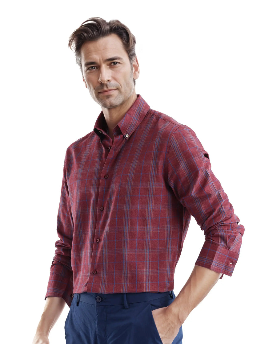 Rare Rabbit Men's Rudo Dark Red Cotton Checked Print Regular Fit Full Sleeve Collared Shirt