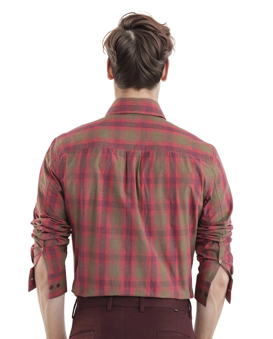 Rare Rabbit Men's Rudo Red Cotton Checked Print Regular Fit Full Sleeve Collared Shirt