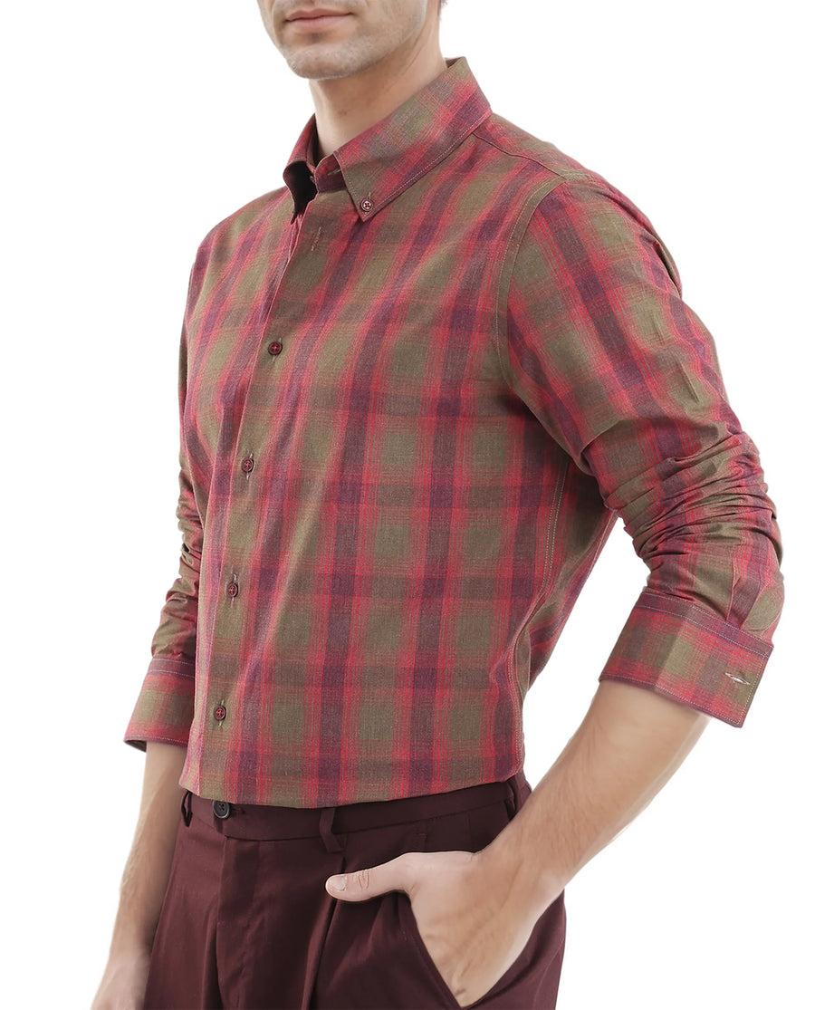 Rare Rabbit Men's Rudo Red Cotton Checked Print Regular Fit Full Sleeve Collared Shirt